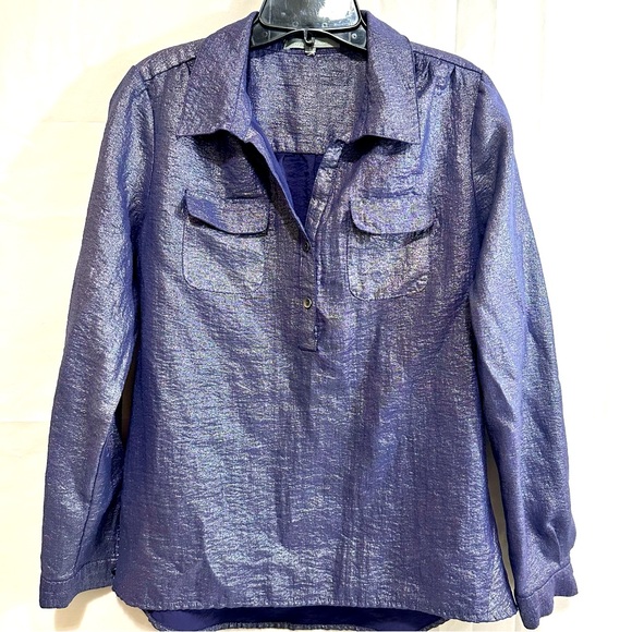 ny collection Shiny Navy Half Button Collared Long Sleeve with Rolled Cuffs Sml - Picture 1 of 8